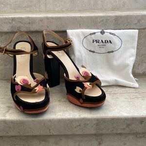 Prada Floral Suede Platform Heels